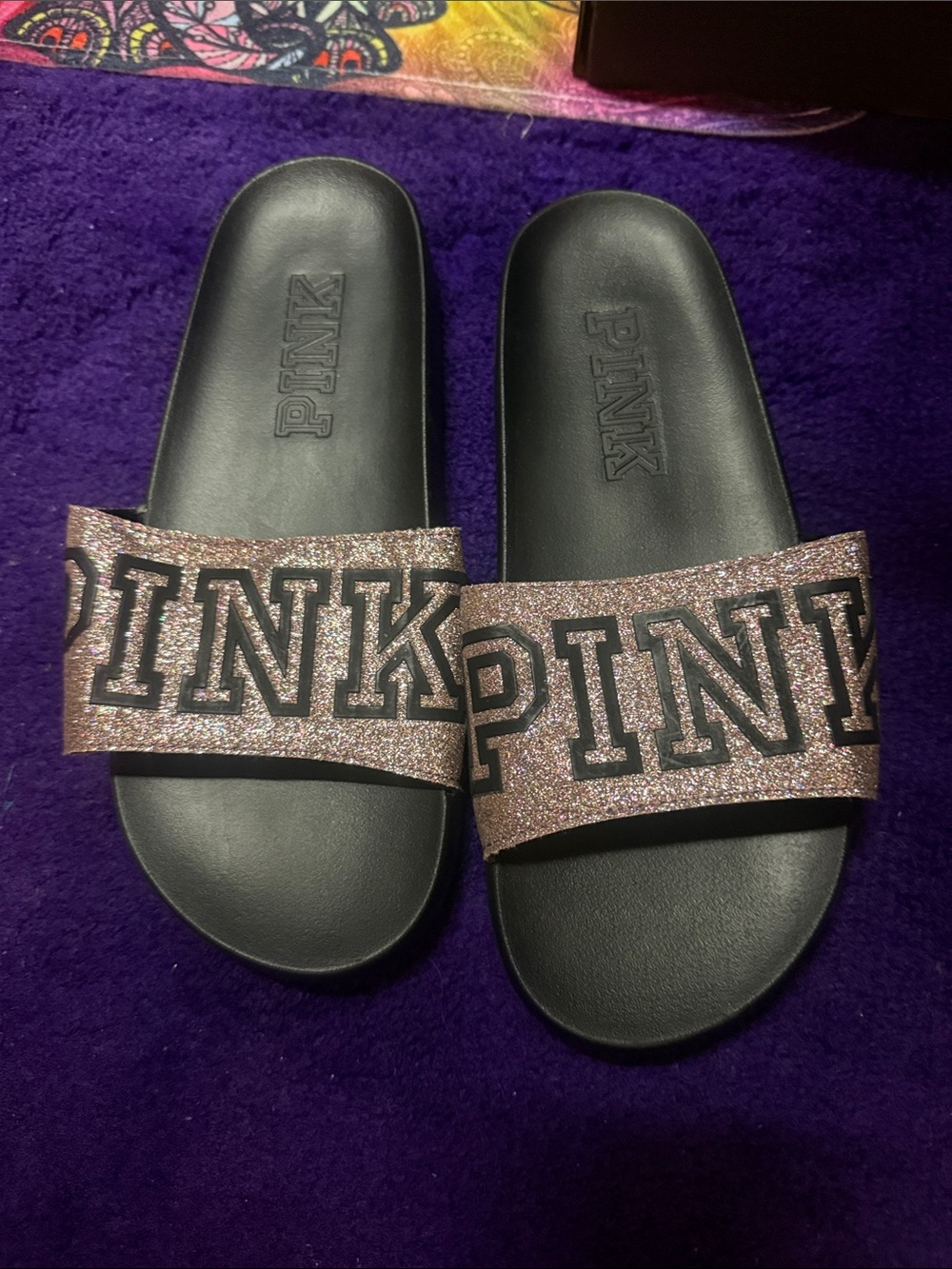 PINK Victoria's Secret Black Slide Sandals with Rose Gold Glitter Strap